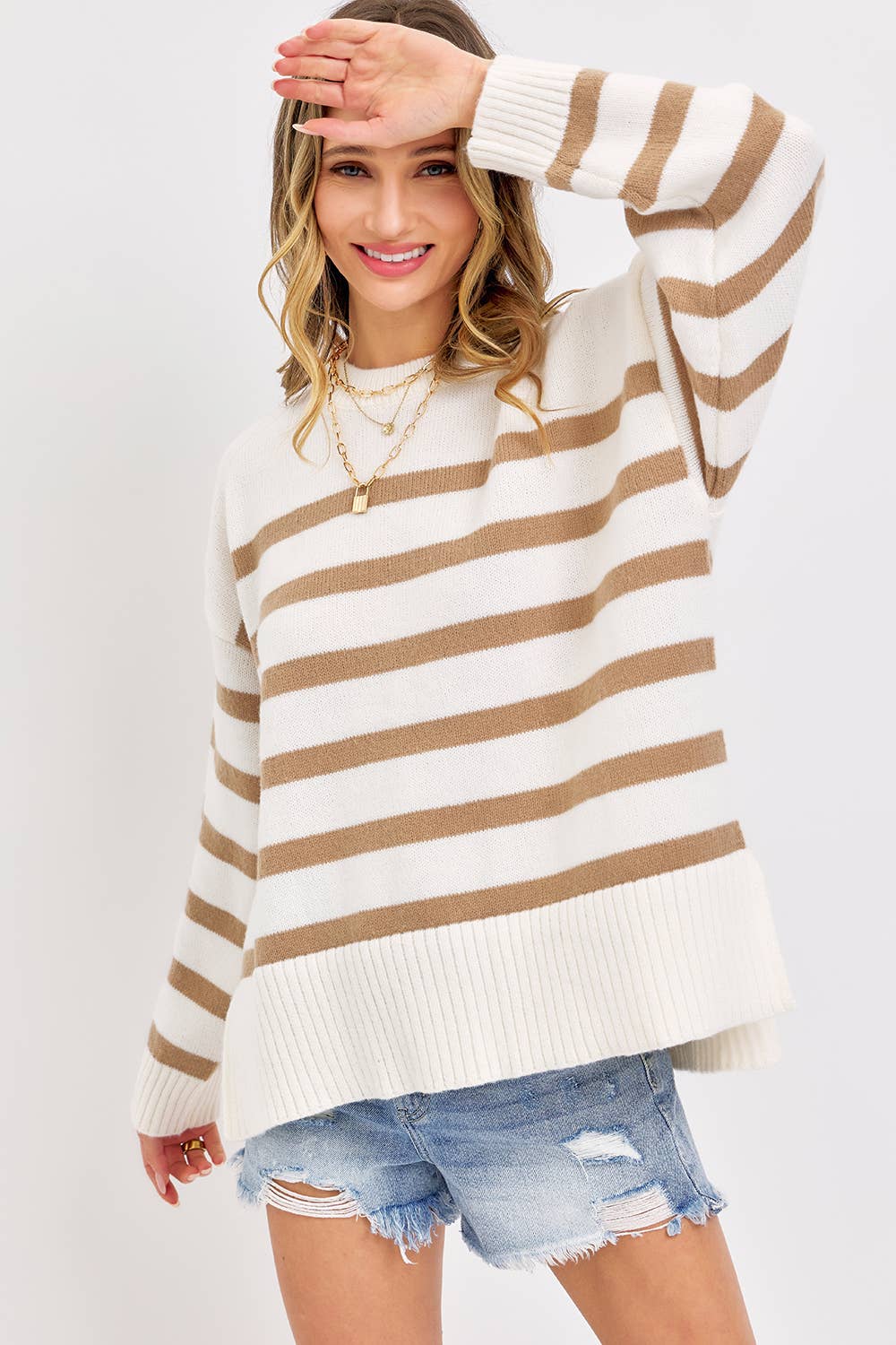 Cream Taupe Pullover Striped Knit Sweater - Purpose + Passion Boutique