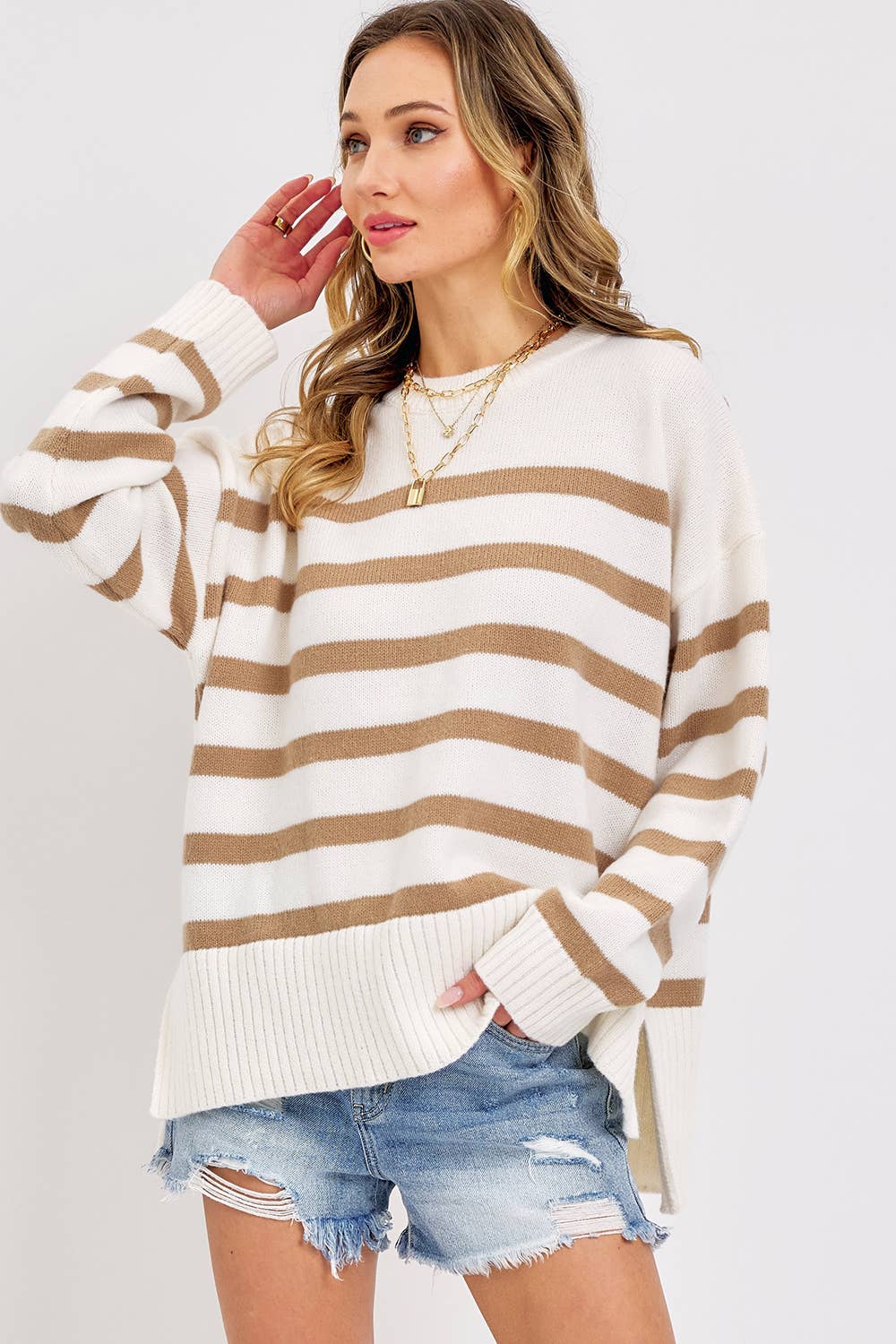 Cream Taupe Pullover Striped Knit Sweater - Purpose + Passion Boutique