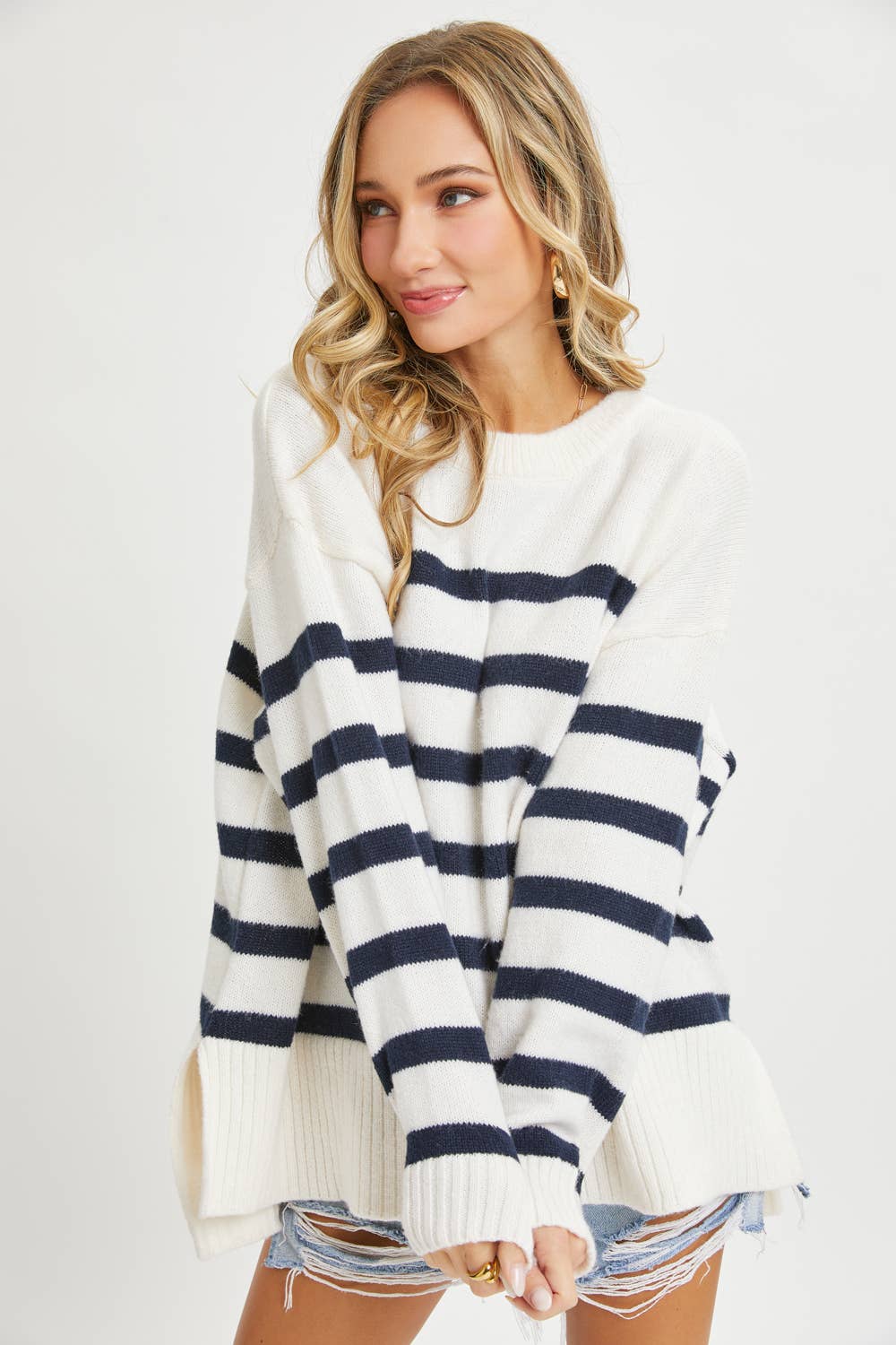 Cream/Navy Striped Oversized Pullover - Purpose + Passion Boutique