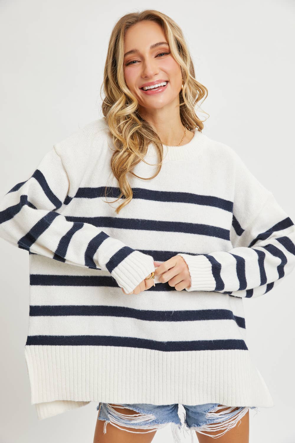 Cream/Navy Striped Oversized Pullover - Purpose + Passion Boutique