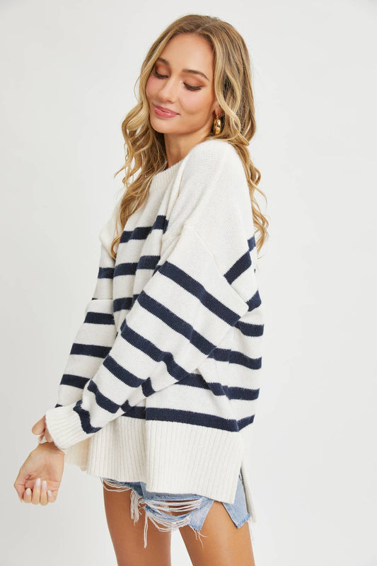 Cream/Navy Striped Oversized Pullover - Purpose + Passion Boutique