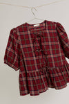 Crimson Front Tie Plaid Puff Sleeve Blouse - Purpose + Passion Boutique