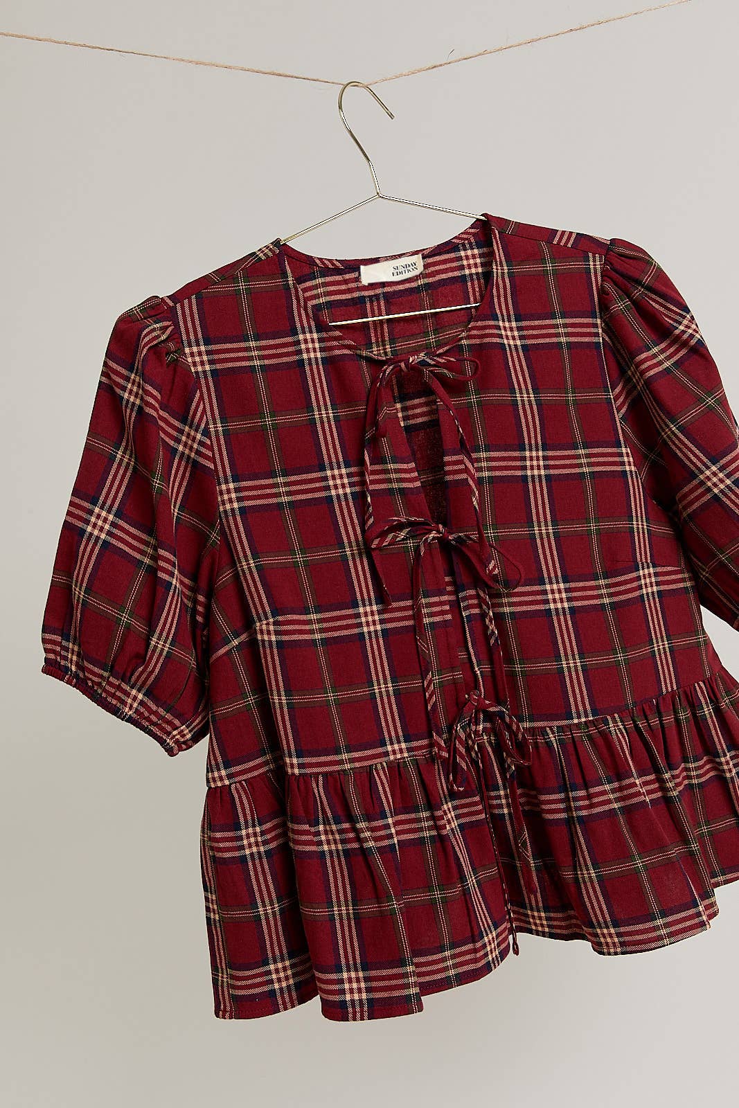 Crimson Front Tie Plaid Puff Sleeve Blouse - Purpose + Passion Boutique