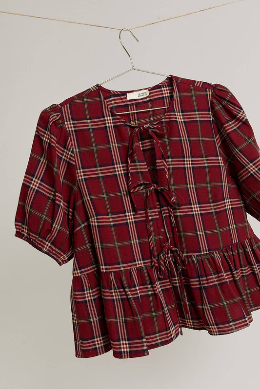Crimson Front Tie Plaid Puff Sleeve Blouse - Purpose + Passion Boutique