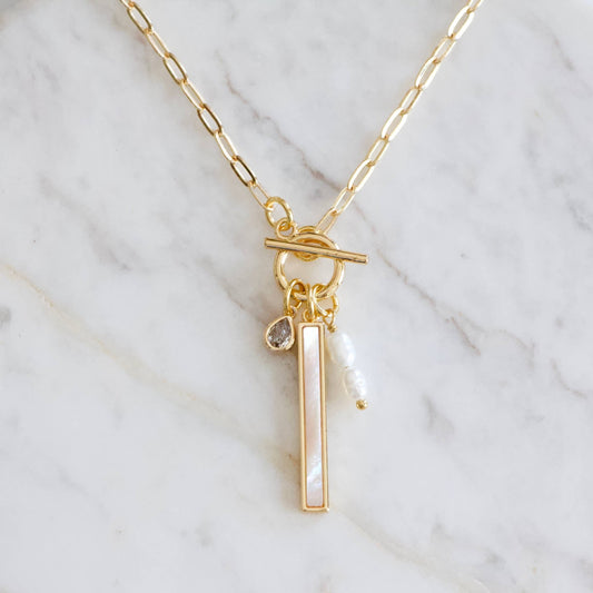 CZ, Mother of Pearl, Freshwater Pearl, Charm Toggle Necklace  - Purpose + Passion Boutique