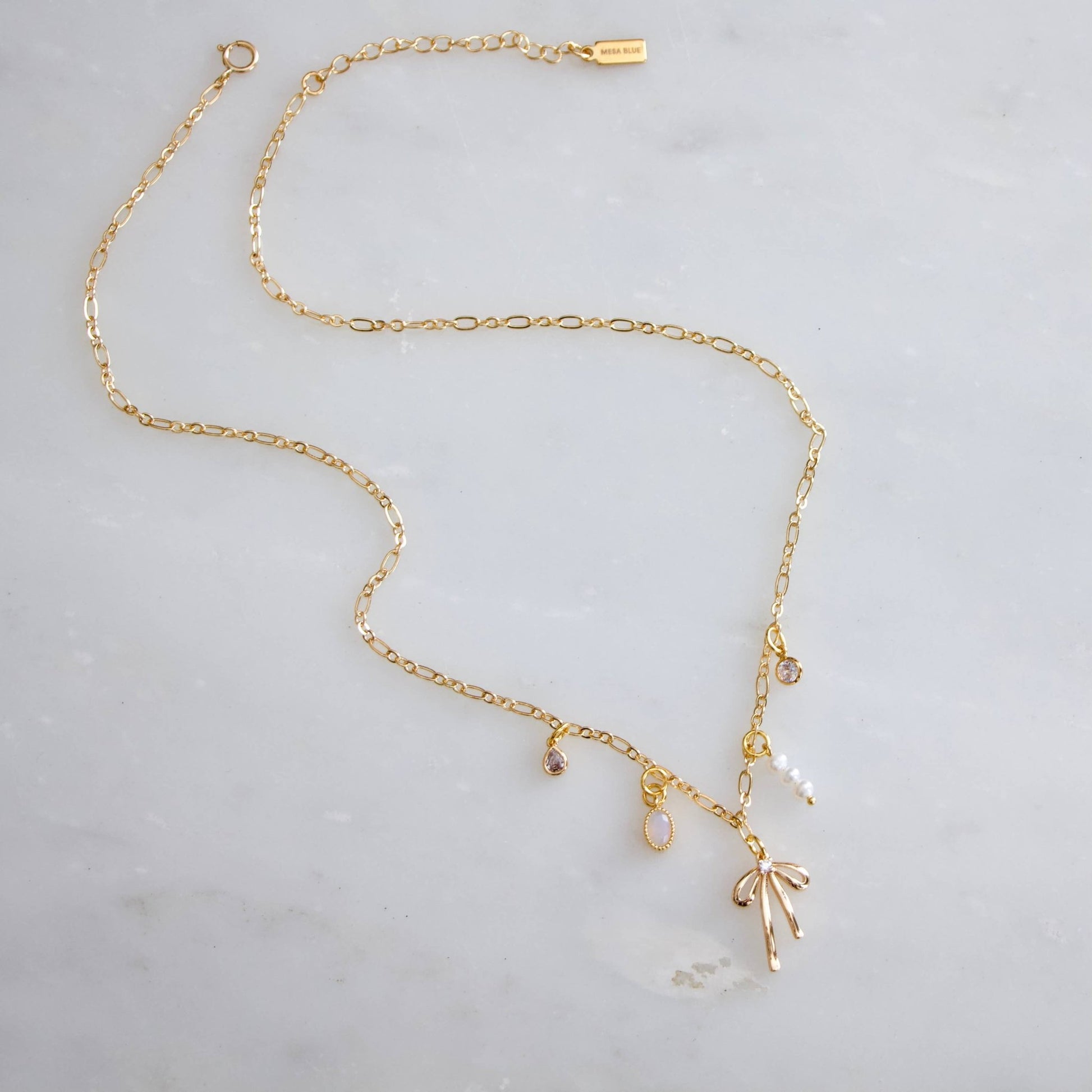 CZ, Opalite, Pearl, Bow Charm Necklace - Purpose + Passion Boutique