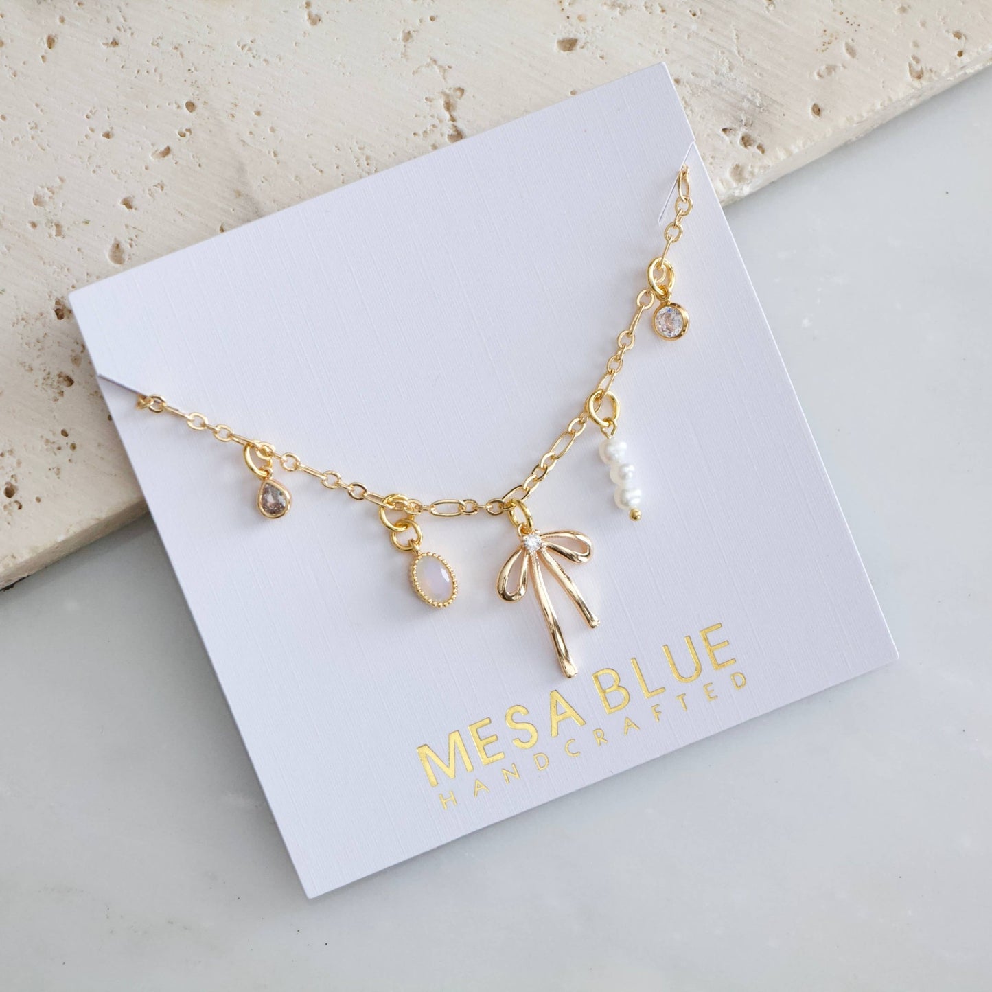 CZ, Opalite, Pearl, Bow Charm Necklace - Purpose + Passion Boutique