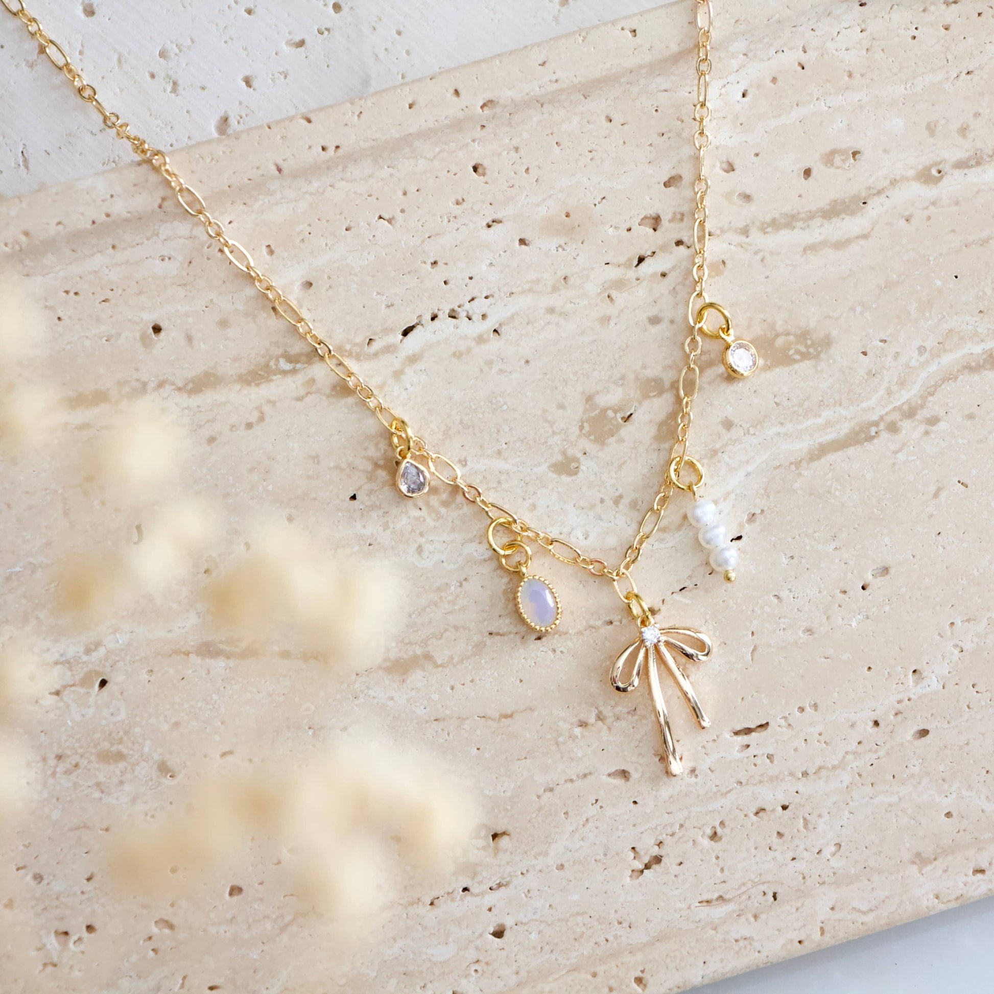 CZ, Opalite, Pearl, Bow Charm Necklace - Purpose + Passion Boutique
