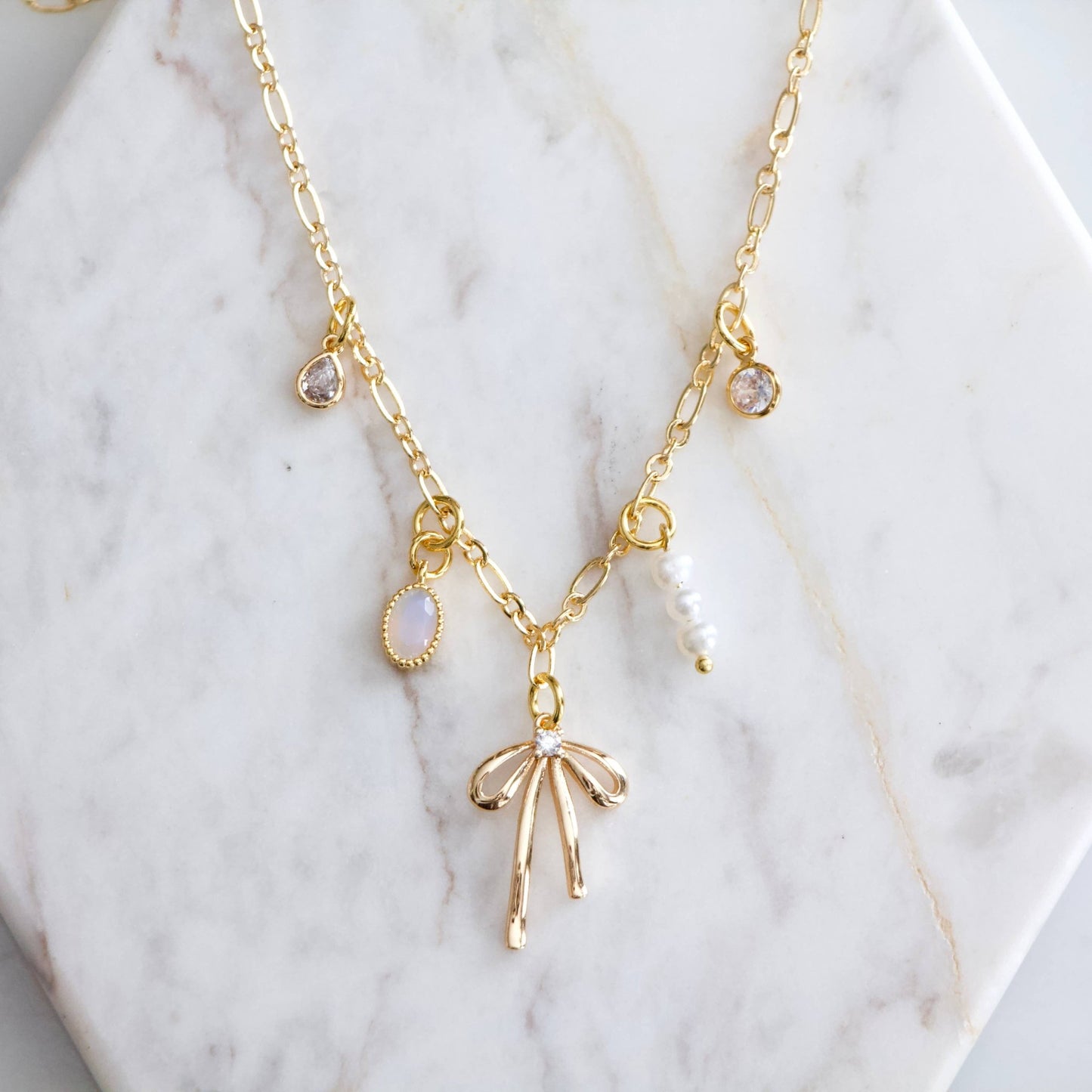 CZ, Opalite, Pearl, Bow Charm Necklace - Purpose + Passion Boutique