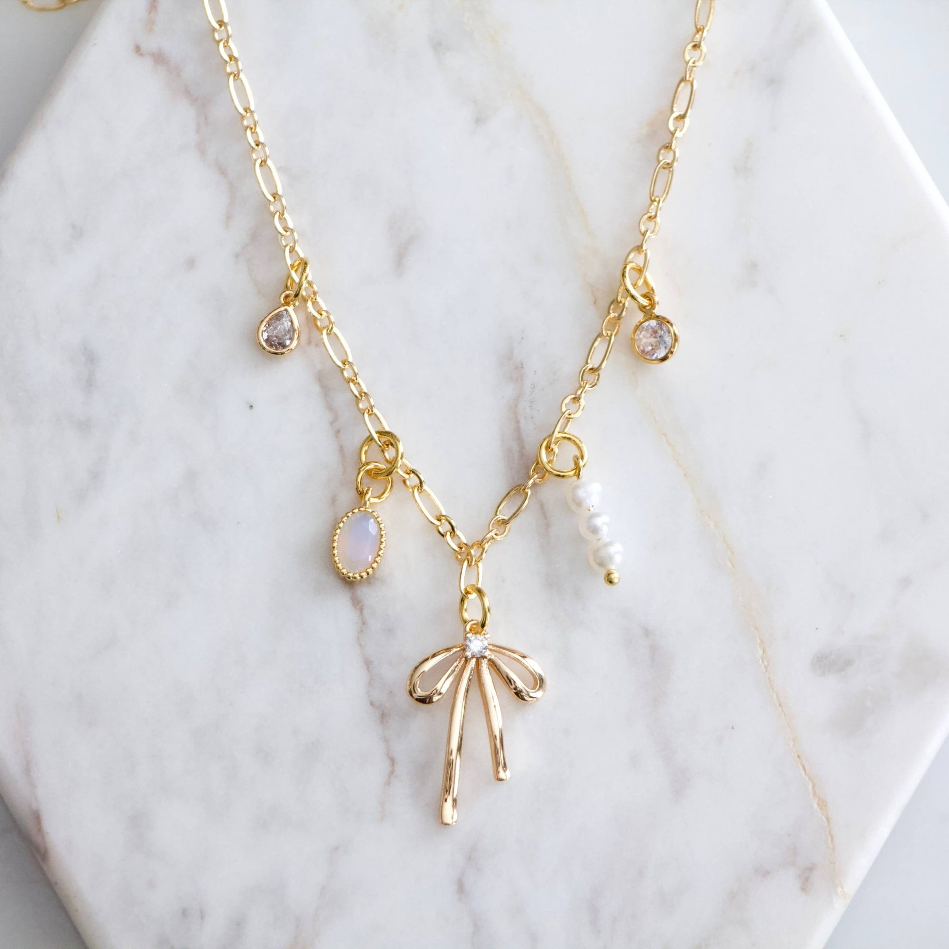 CZ, Opalite, Pearl, Bow Charm Necklace - Purpose + Passion Boutique