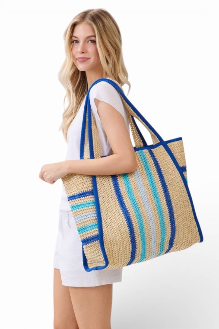 Natural Straw Tote With Multi Color Stripes
