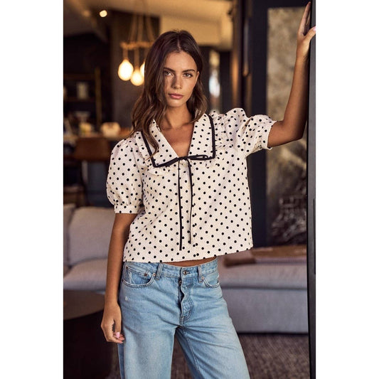 Sweet Poise Polka Dot Ribbon Detail Blouse Top