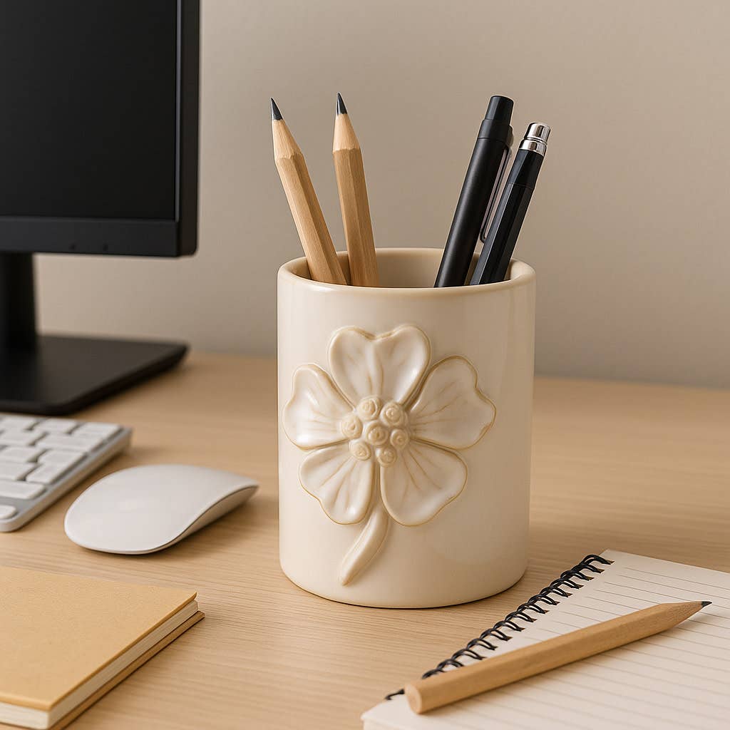 Ivory Ceramic Flower Pencil Cup (4 in.)