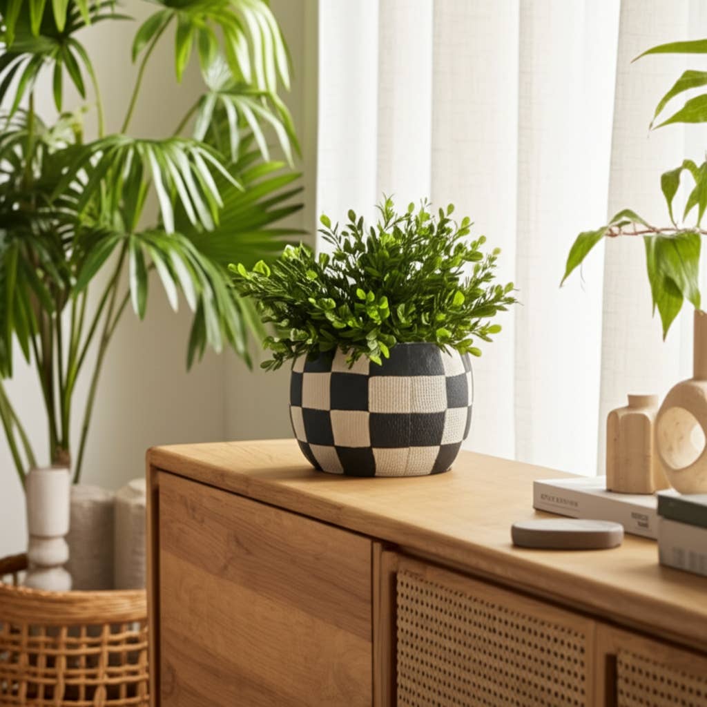 Black/White Pottery Checkerboard Rounded Planter (7 in.)