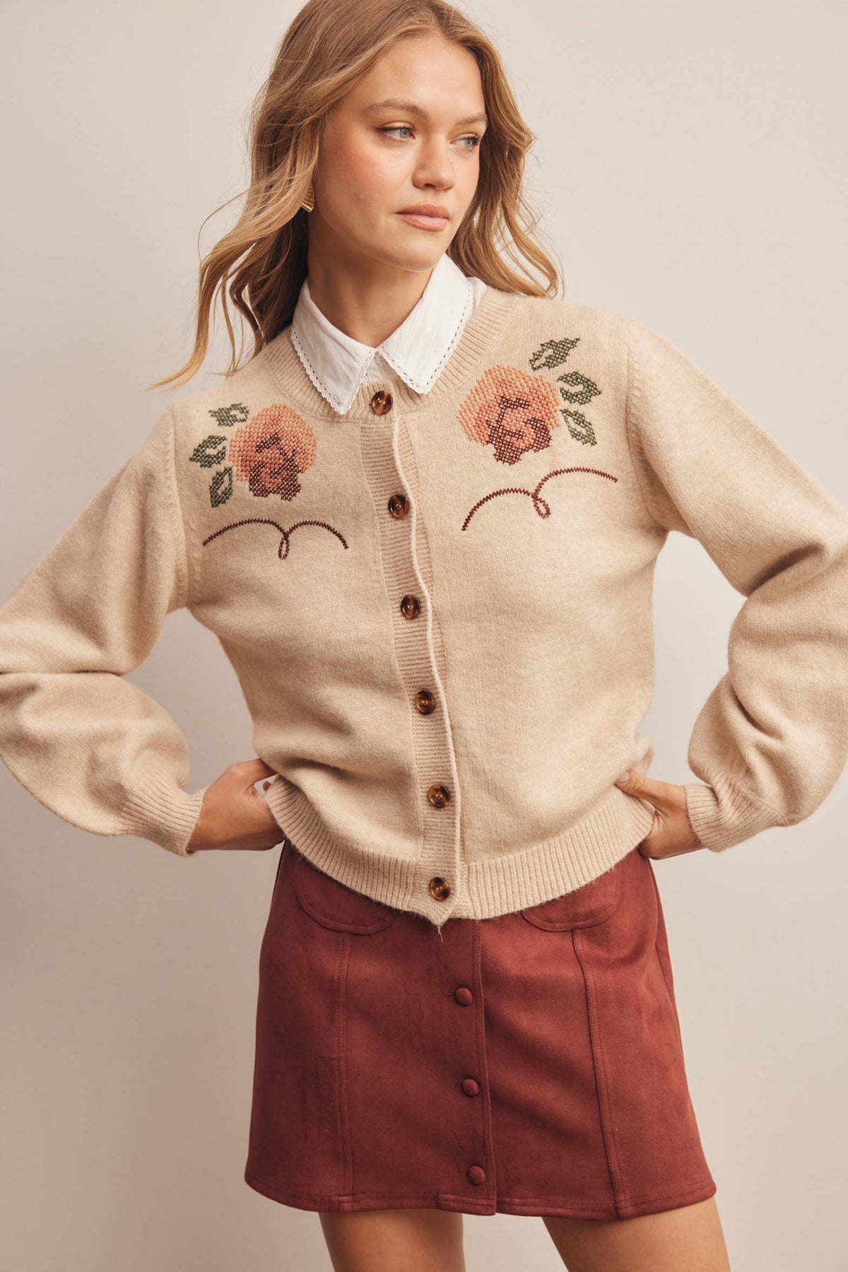 Floral Embroidered Ecru Knit Cardigan