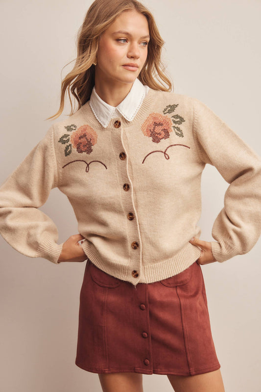 Floral Embroidered Ecru Knit Cardigan