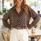 Polka Dot Collared Long-Sleeve Satin Blouse