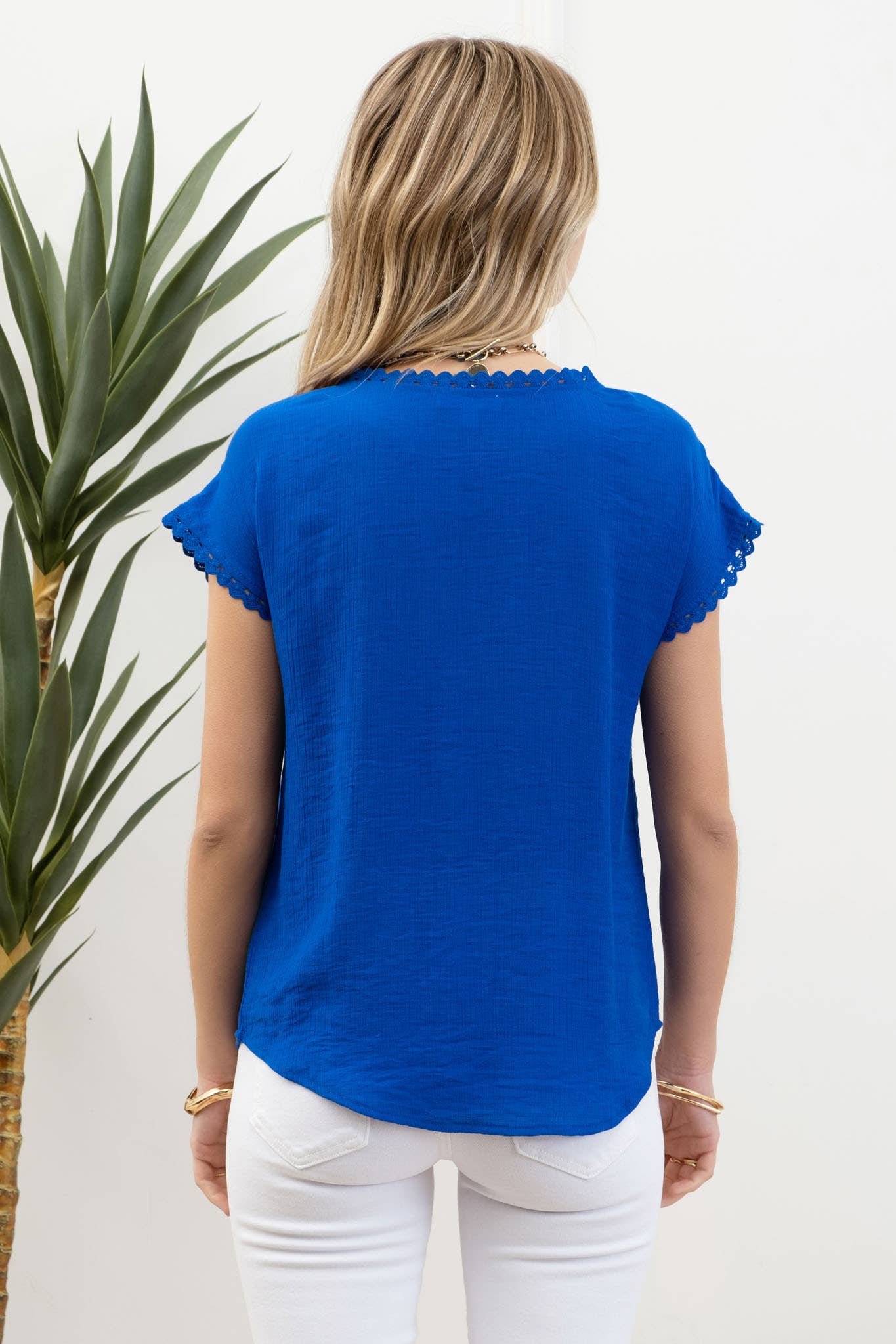 Royal Blue Floral Embroidery Scallop Blouse