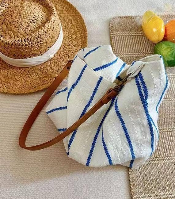 Blue Striped Cotton Canvas Tote Bag