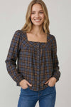 Brown Plaid Button Long Sleeve Blouse