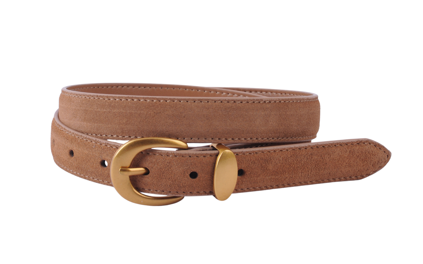 Caramel Suede Belt with Curved Gold Buckle