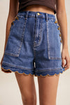 Scallop Button-Side Stretch Denim Shorts