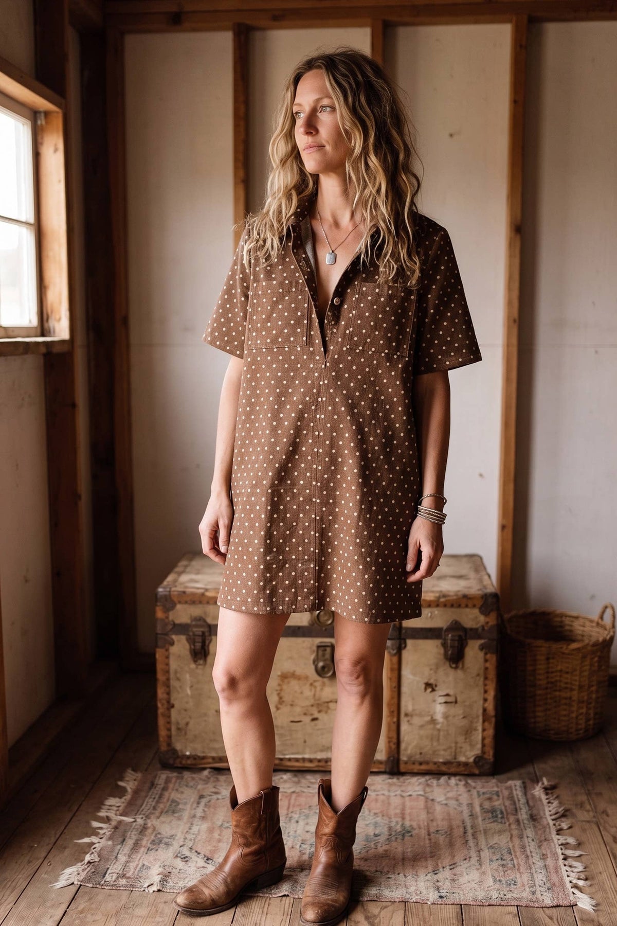Polka Dot Brown Denim Shirt Dress