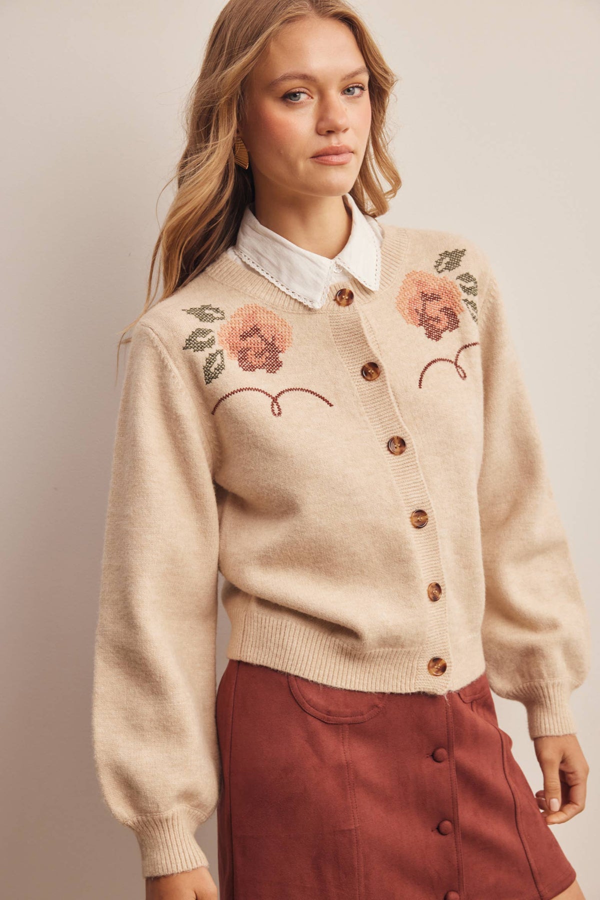 Floral Embroidered Ecru Knit Cardigan