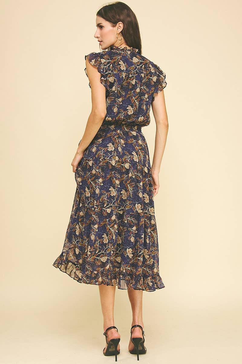 Deep Wine Floral Print Tiered Chiffon Dress