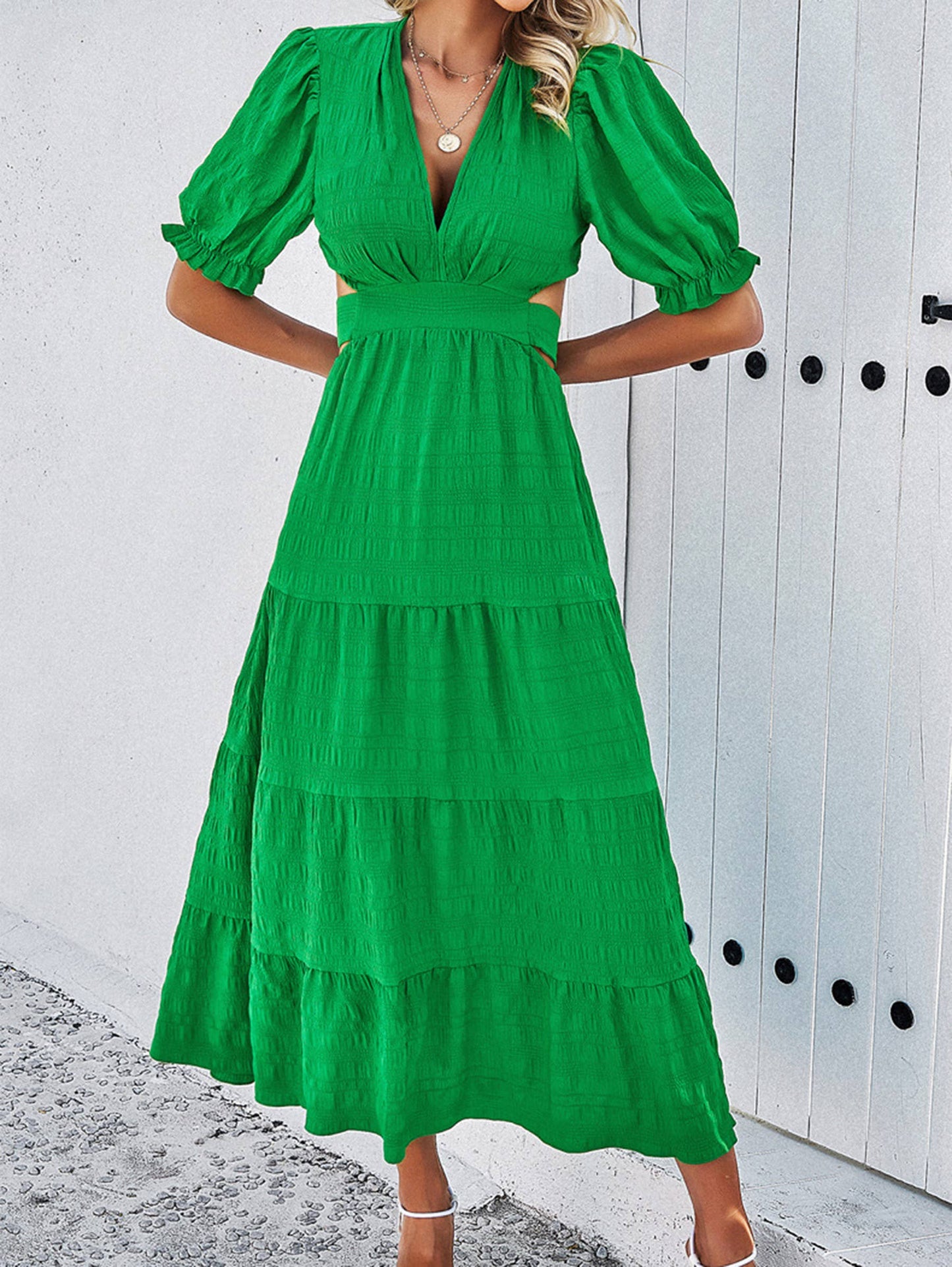 Solid Color V-neck Waist Cinching Dress