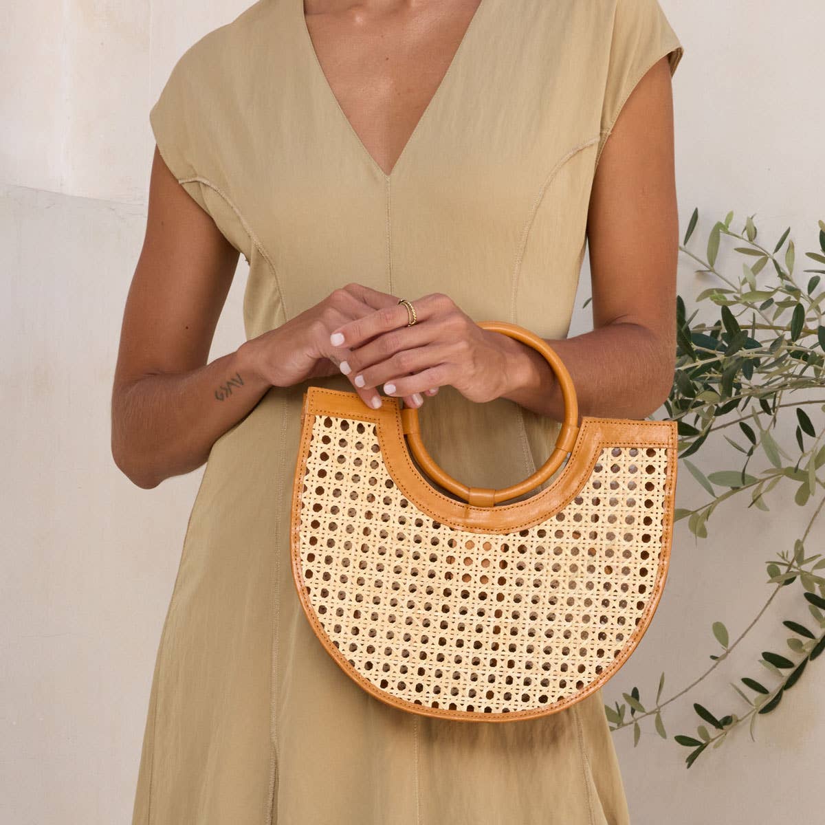 Brown Leather Square Cane Weave Rattan Handbag
