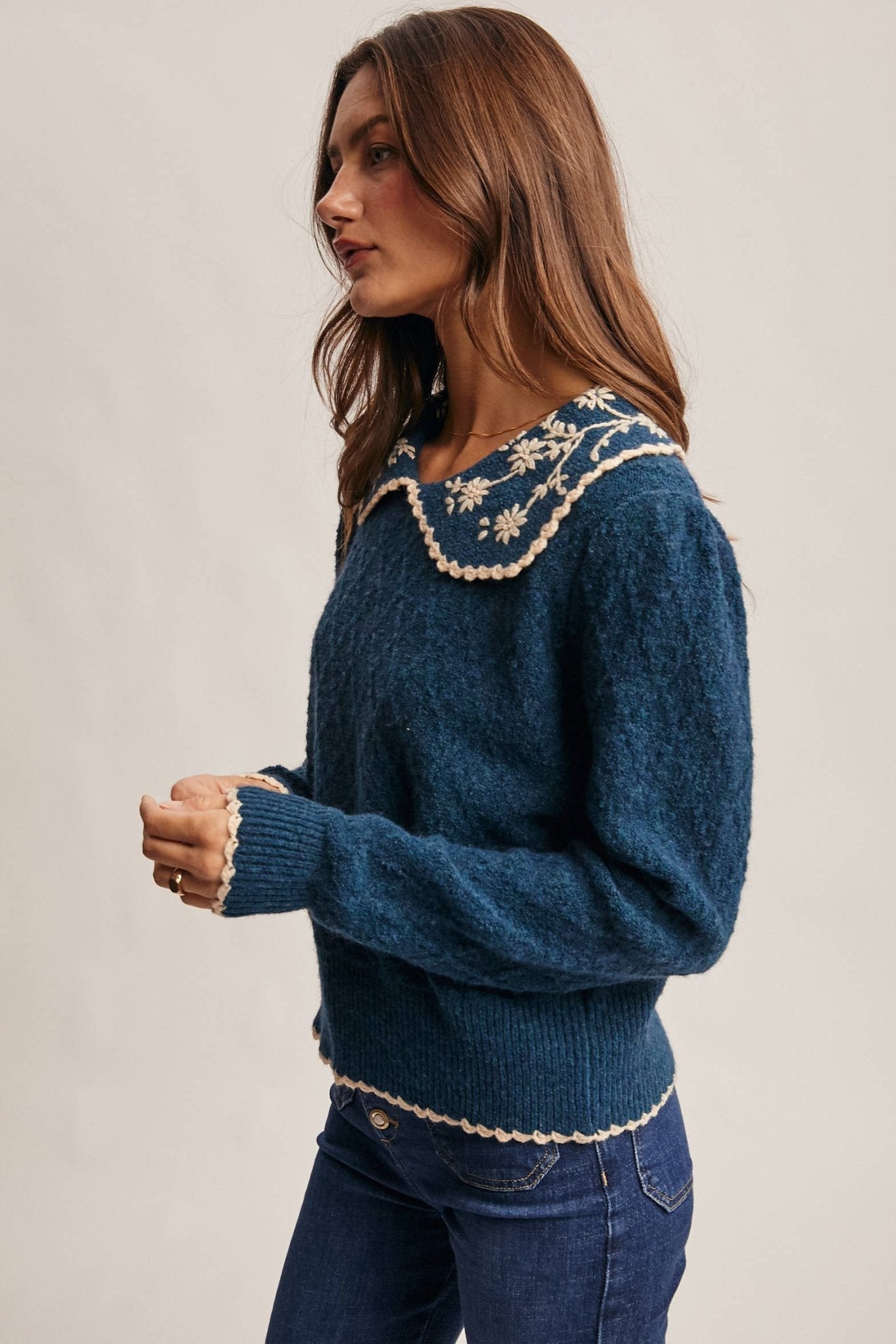 Daisy Embroidered Teal Collar Knit Sweater - Purpose + Passion Boutique