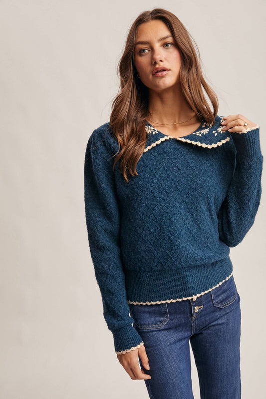 Daisy Embroidered Teal Collar Knit Sweater - Purpose + Passion Boutique