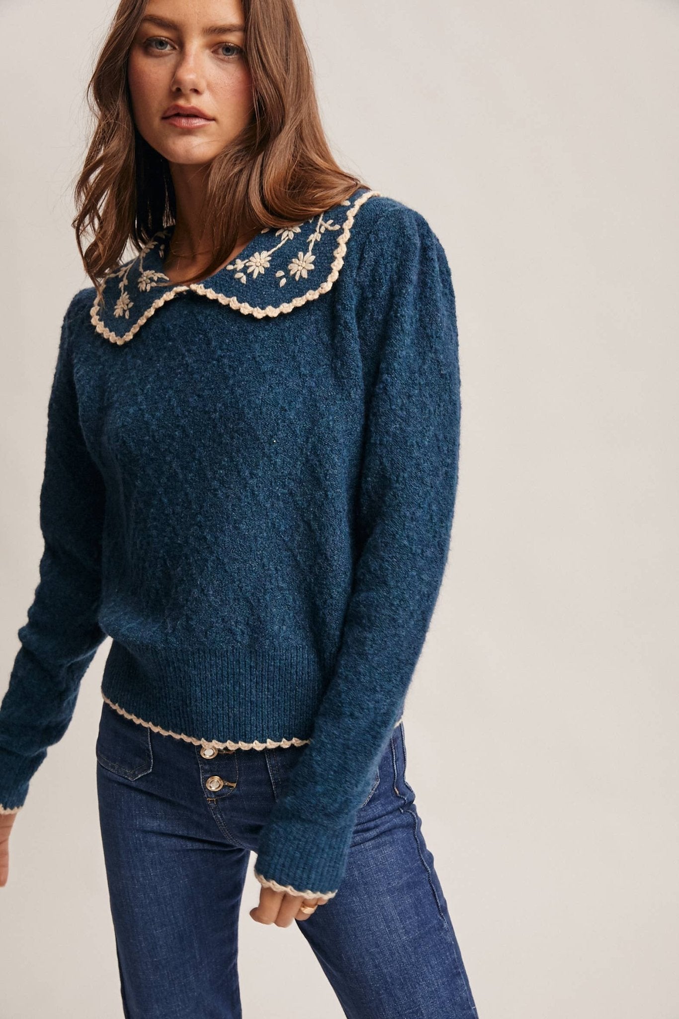Daisy Embroidered Teal Collar Knit Sweater - Purpose + Passion Boutique