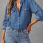 Dark Blue Lapel Single - Breasted Long - Sleeved Denim Shirt - Purpose + Passion Boutique