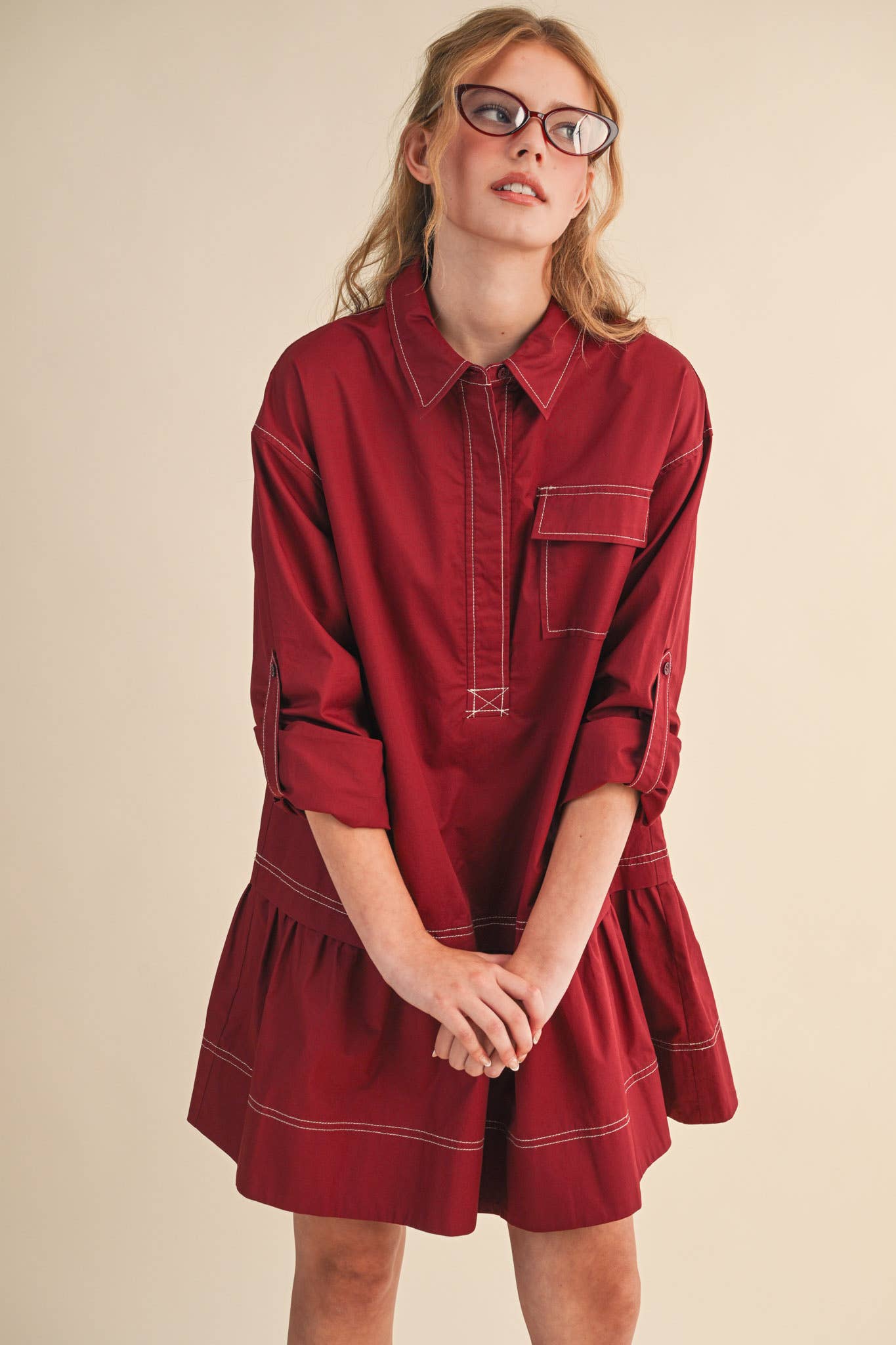 Dark Cherry Collared Drop Waist Dress - Purpose + Passion Boutique