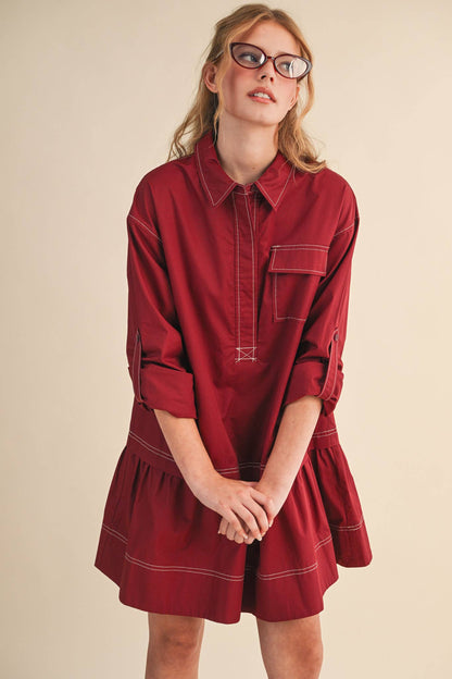 Dark Cherry Collared Drop Waist Dress - Purpose + Passion Boutique