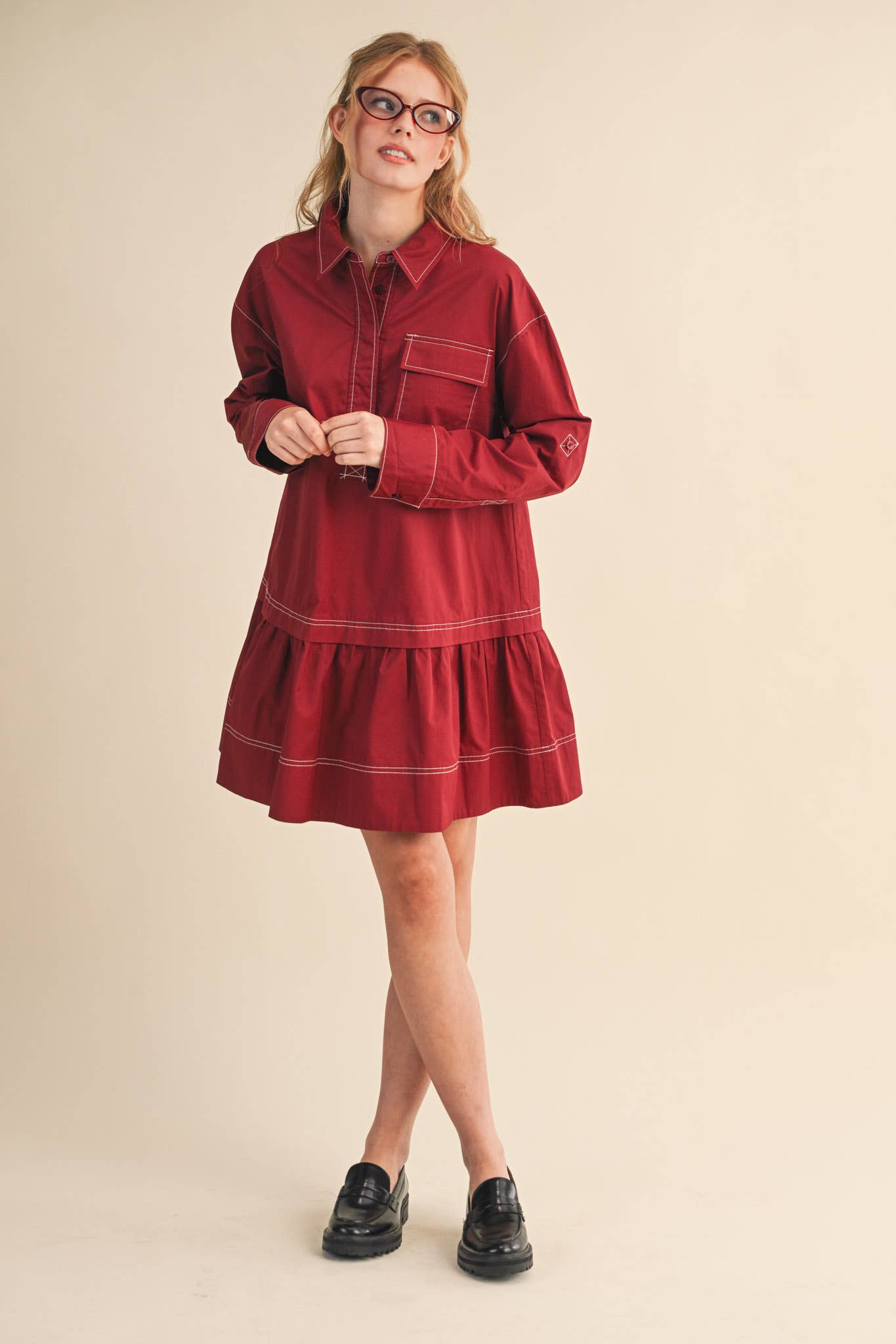 Dark Cherry Collared Drop Waist Dress - Purpose + Passion Boutique