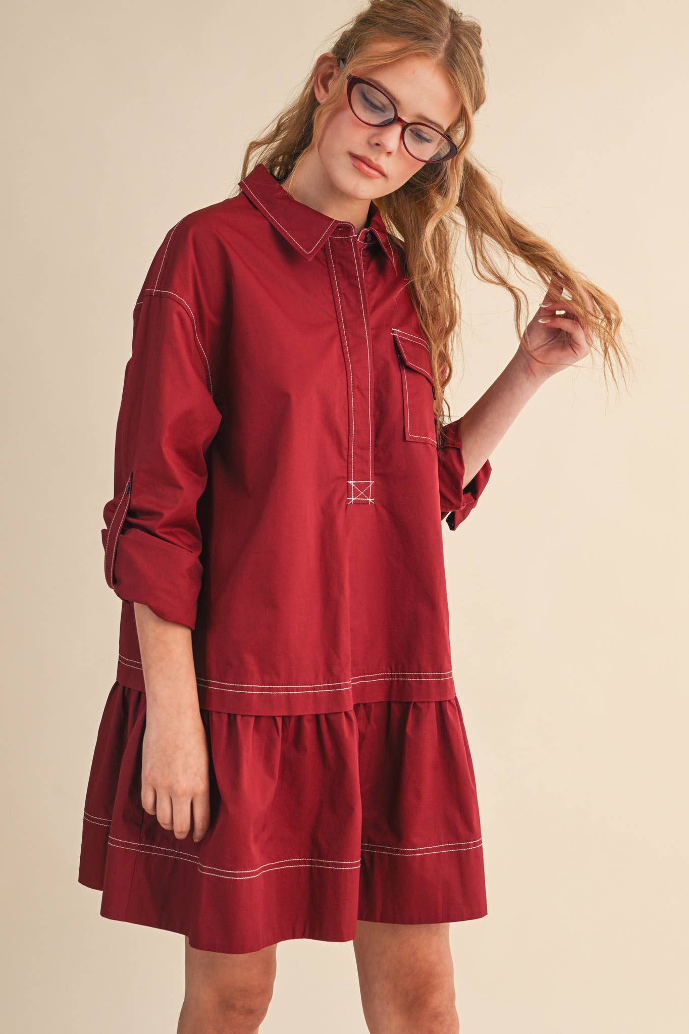 Dark Cherry Collared Drop Waist Dress - Purpose + Passion Boutique