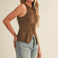 Dark Chocolate Tie Back Button Vest - Purpose + Passion Boutique