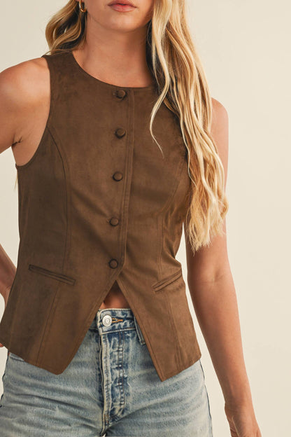 Dark Chocolate Tie Back Button Vest - Purpose + Passion Boutique