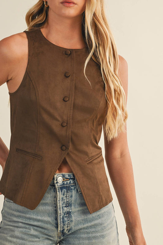 Dark Chocolate Tie Back Button Vest - Purpose + Passion Boutique
