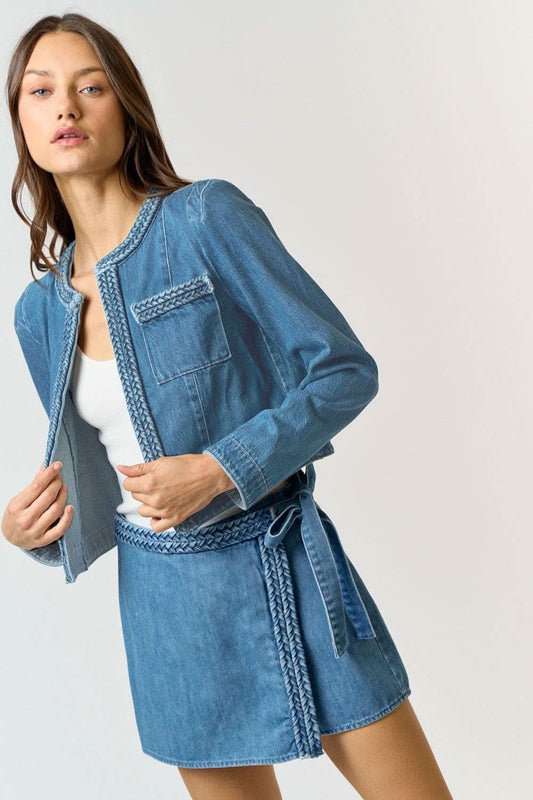 Dark Denim Braided Open Front Jacket - Purpose + Passion Boutique