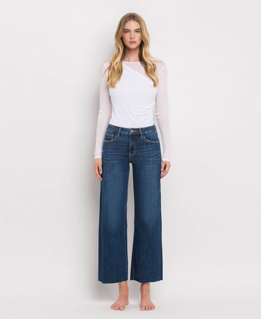 Dark Denim Tummy Control Mid Rise Wide Leg Jeans - Purpose + Passion Boutique