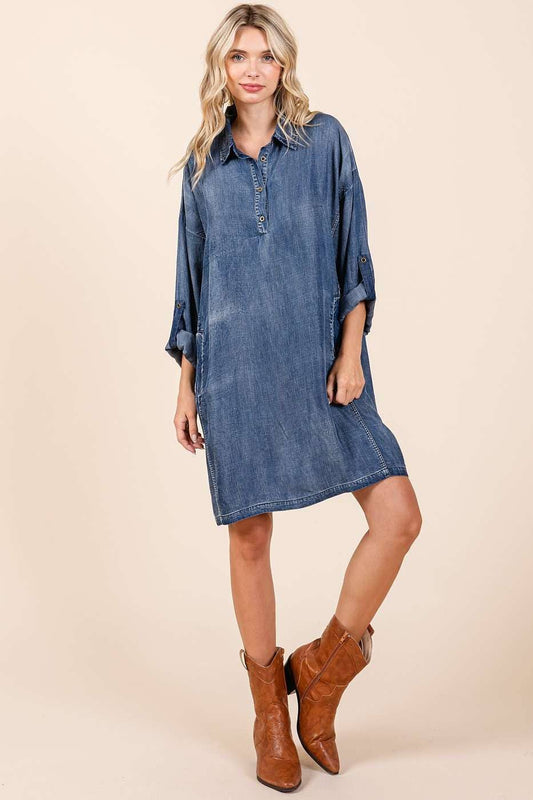 Dark Denim Washed Chambray Button Tab Dress - Purpose + Passion Boutique