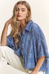 Deep Blue Wrinkled Textured Oversized Button Down - Purpose + Passion Boutique