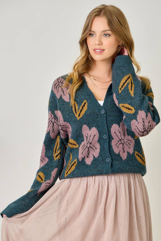 Deep Emerald Floral Sweater Cardigan - Purpose + Passion Boutique
