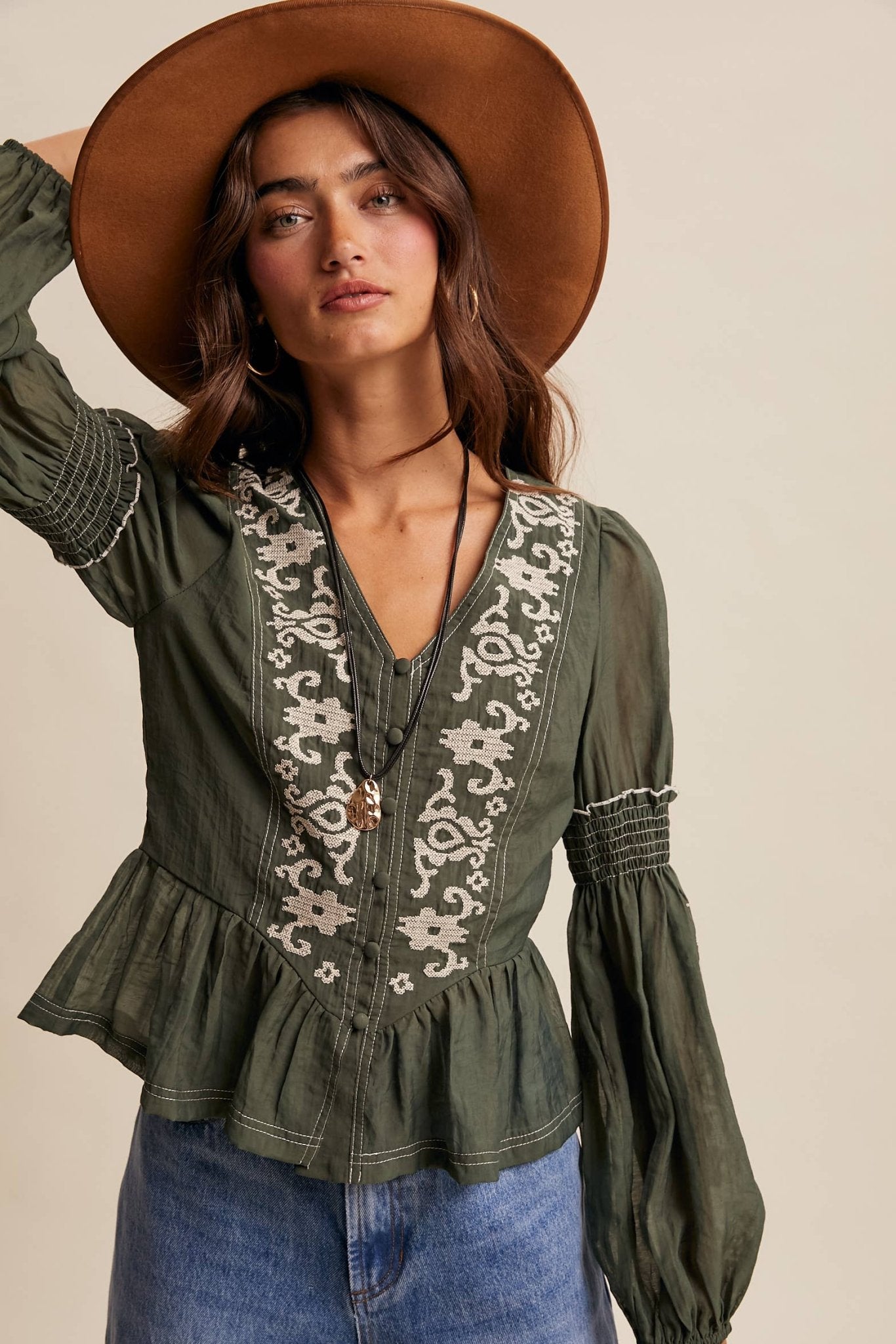 Deep Green Embroidered Peplum Blouse - Purpose + Passion Boutique