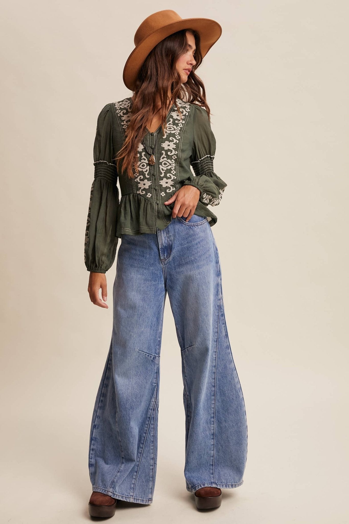 Deep Green Embroidered Peplum Blouse - Purpose + Passion Boutique