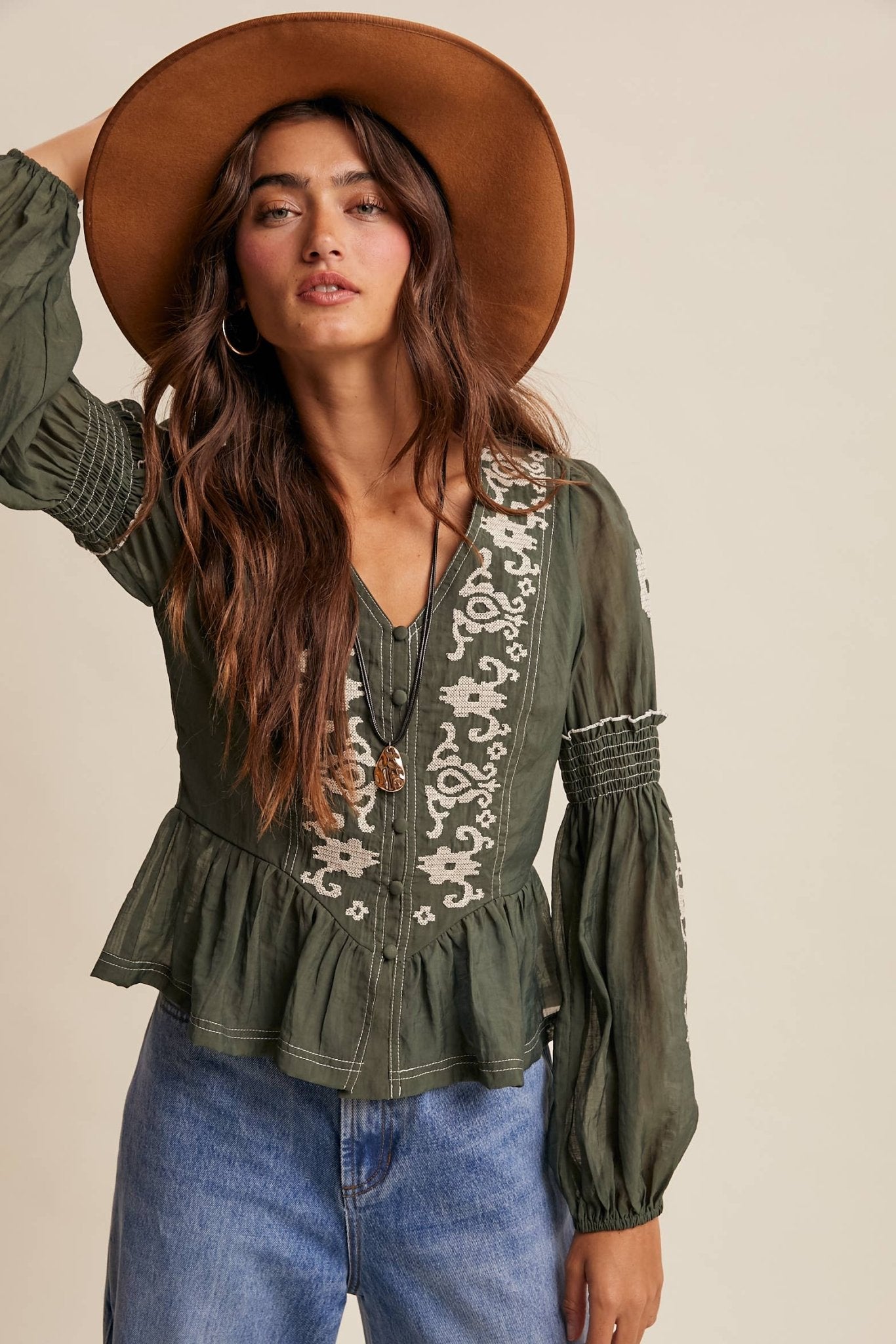 Deep Green Embroidered Peplum Blouse - Purpose + Passion Boutique